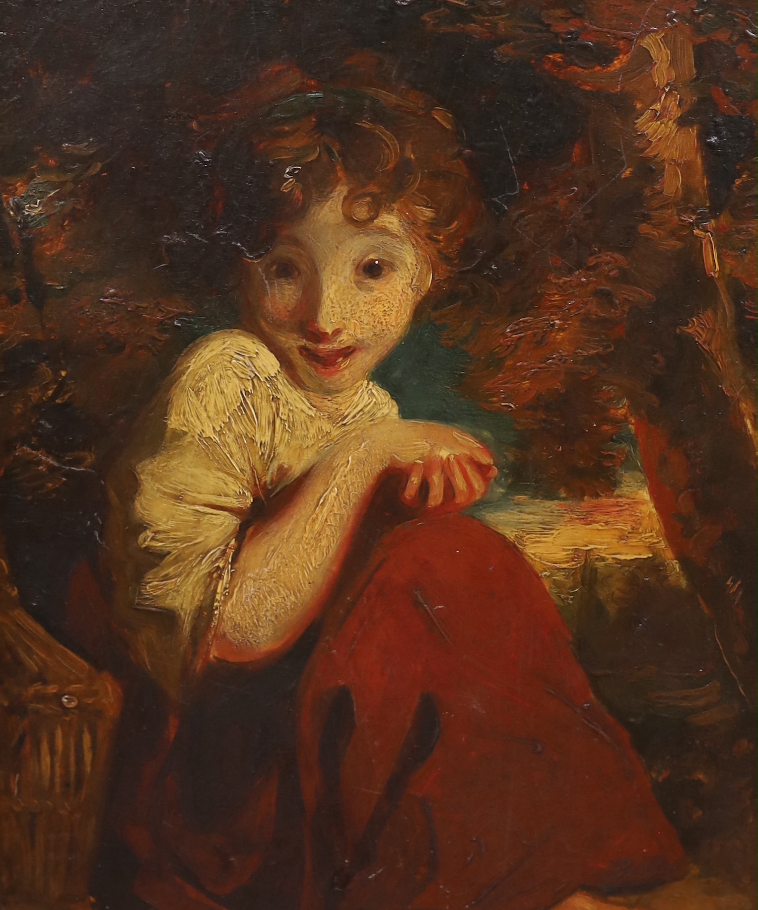 After Sir Joshua Reynolds P.R.A. (British, 1723-1792), Girl with a bird, oil on mahogany panel, 30.5 x 25cm